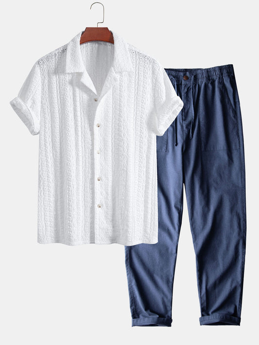 Geometric Jacquard Textured Cuban Shirt & Straight Leg Linen Cotton Blend Pants