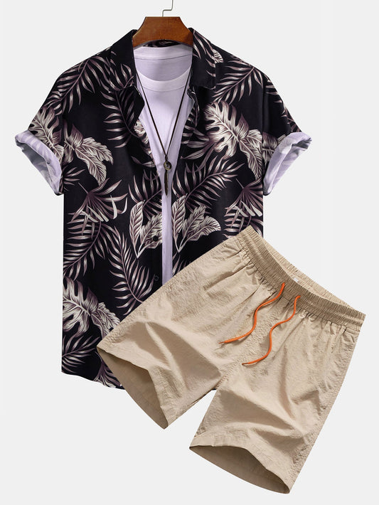 Leaf Print Button Up Shirt & Swim Shorts