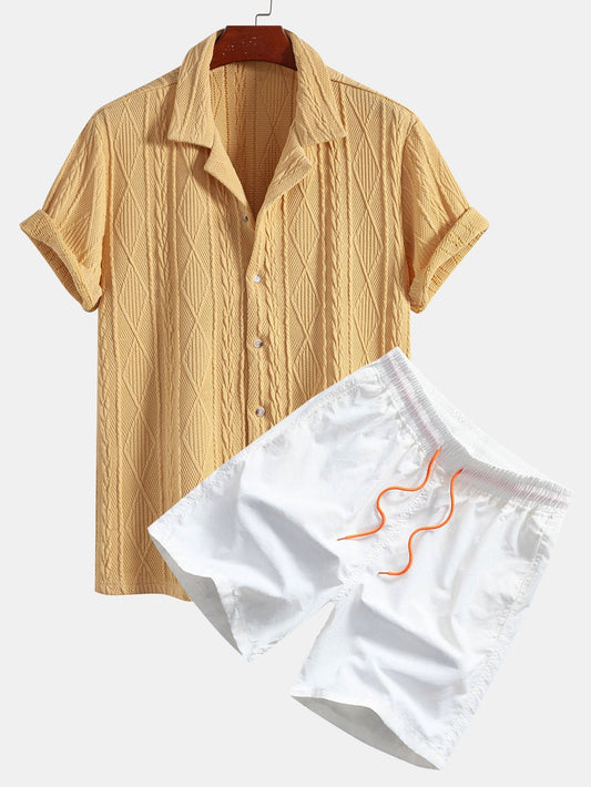 Knitted Geometric Textured Cuban Shirt & Man Mid Length Drawstring Swim Shorts