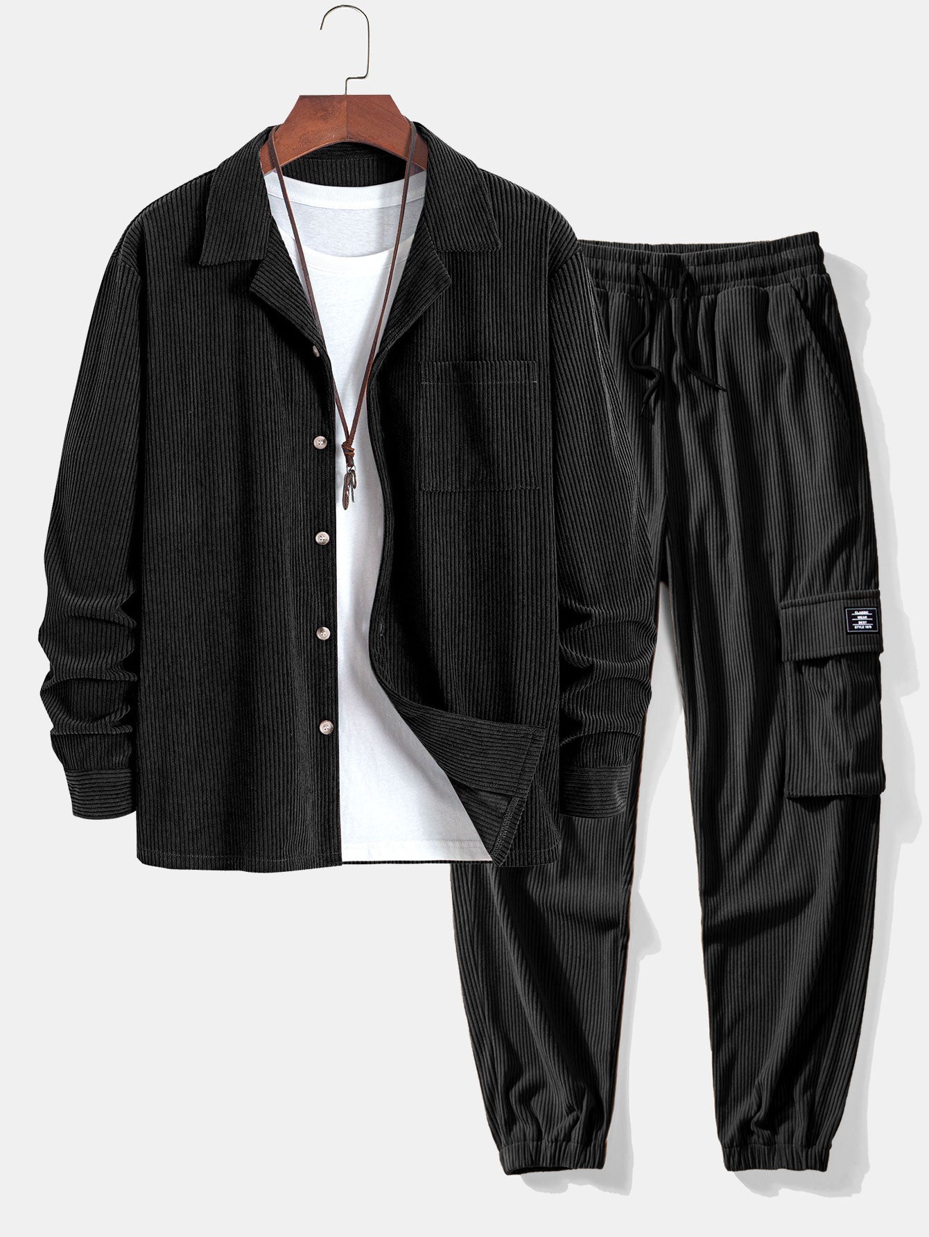 Long Sleeve Corduroy Cuban Collar Shirt & Drawstring Corduroy Cargo Jogger Pants