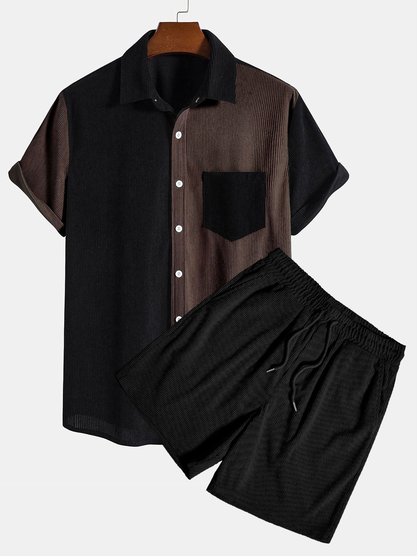 Short Sleeve Two-Tone Corduroy Shirt & Corduroy Shorts