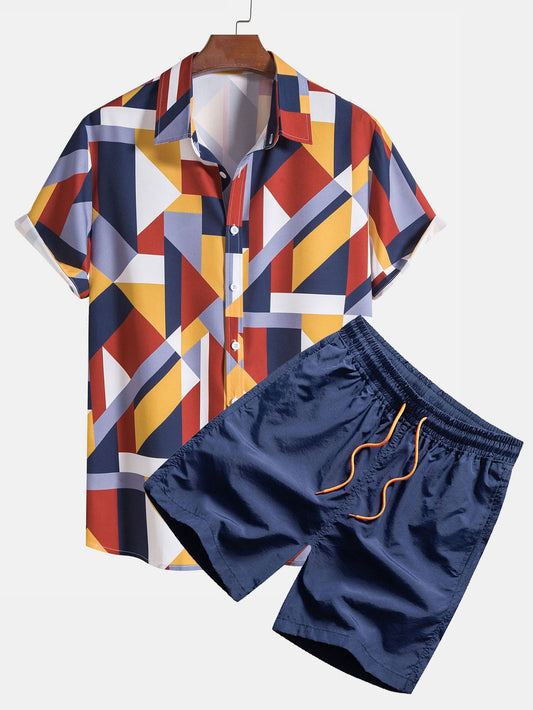 Geometric Print Button Up Shirt & Swim Shorts