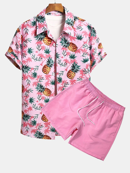 Pineapple Palm Tree Print Button Up Shirt & & Swim Shorts