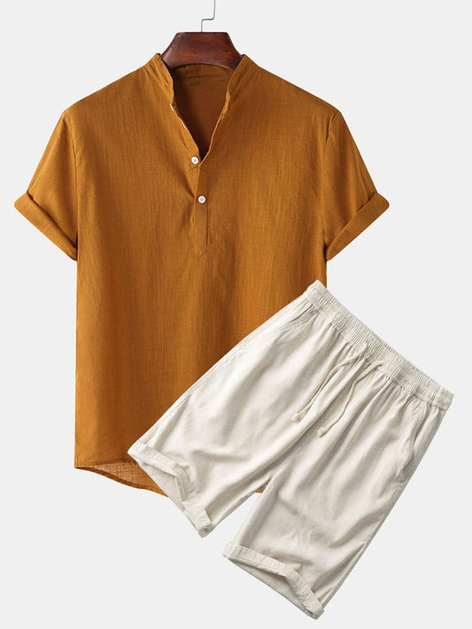 Solid Color Basic Henley Shirts & Linen Cotton Blend 11" Shorts