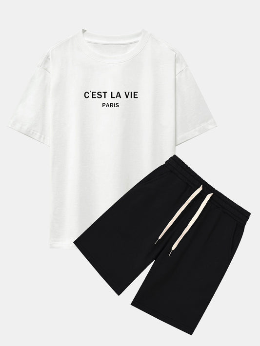 Paris Letter Print Dropped Shoulders Oversize T-Shirt & Sweat Shorts