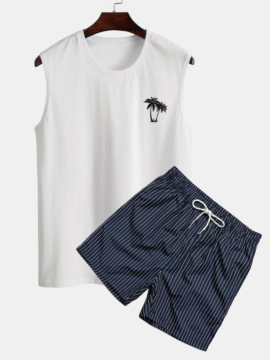 Palm Tree Print Tank Top & Striped Print Swim Shorts