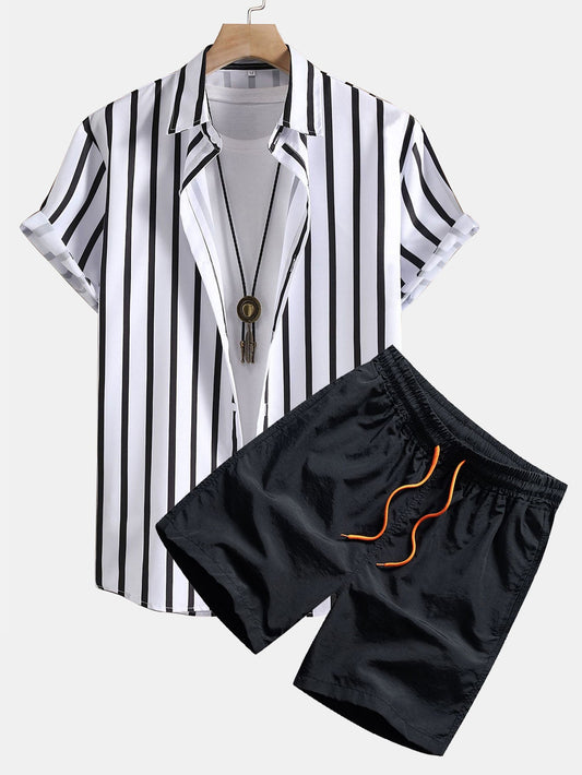 Stripe Print Button Up Shirt & Swim Shorts