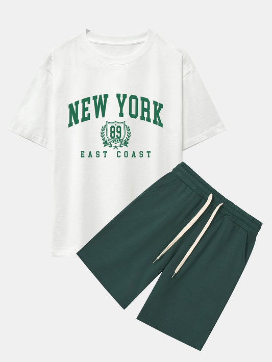 New York Varsity Print Drop Shoulder Oversize T-Shirt & Sweat Shorts