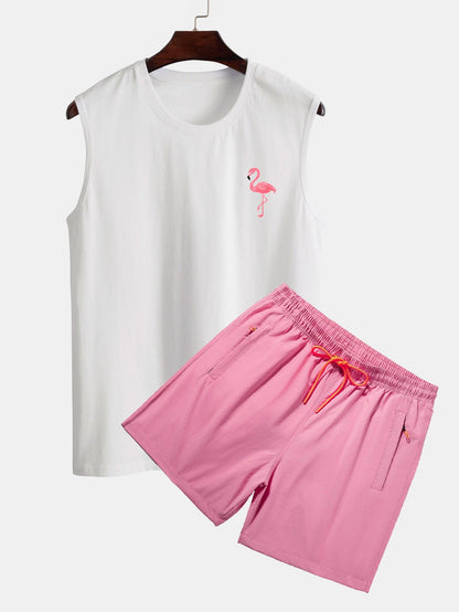 Flamingo Print Tank Top & Swim Shorts