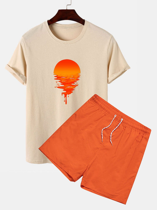 Sunset Graphic Cotton T-Shirts & Swim Shorts