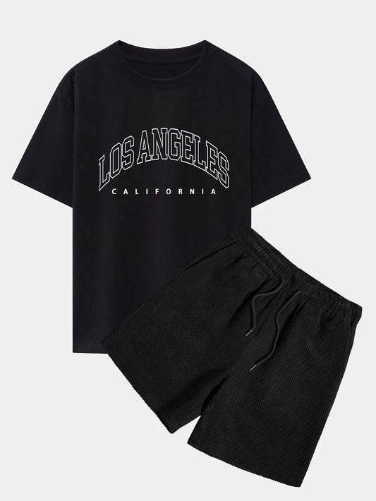 Los Angeles Letter Print Drop Shoulder Oversize T-Shirt & Corduroy Shorts