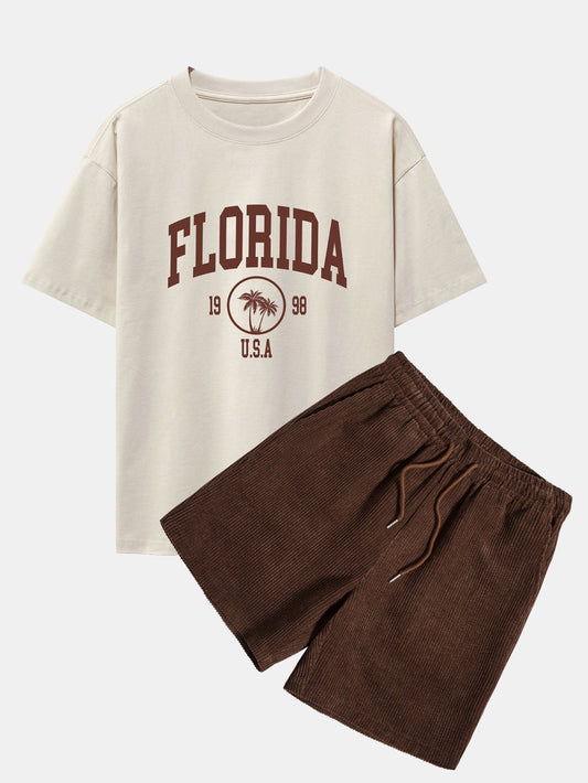 Florida Palm Tree Print Heavy Weight Oversize T-Shirt & Corduroy Shorts