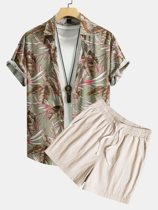 Viscose Tropical Print Button Up Shirt & Textured Cotton 5" Shorts