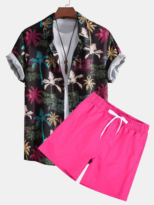 Palm Tree Print Button Up Shirt & Swim Shorts