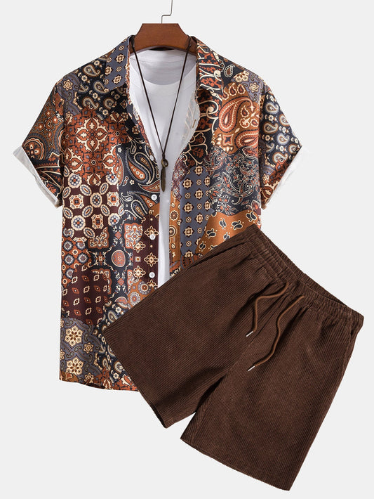 Paisley Patchwork Print Button Up Shirt & Corduroy Shorts