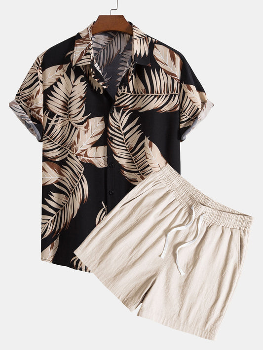 Tropical Print Shirt & Textured Cotton 5" Shorts