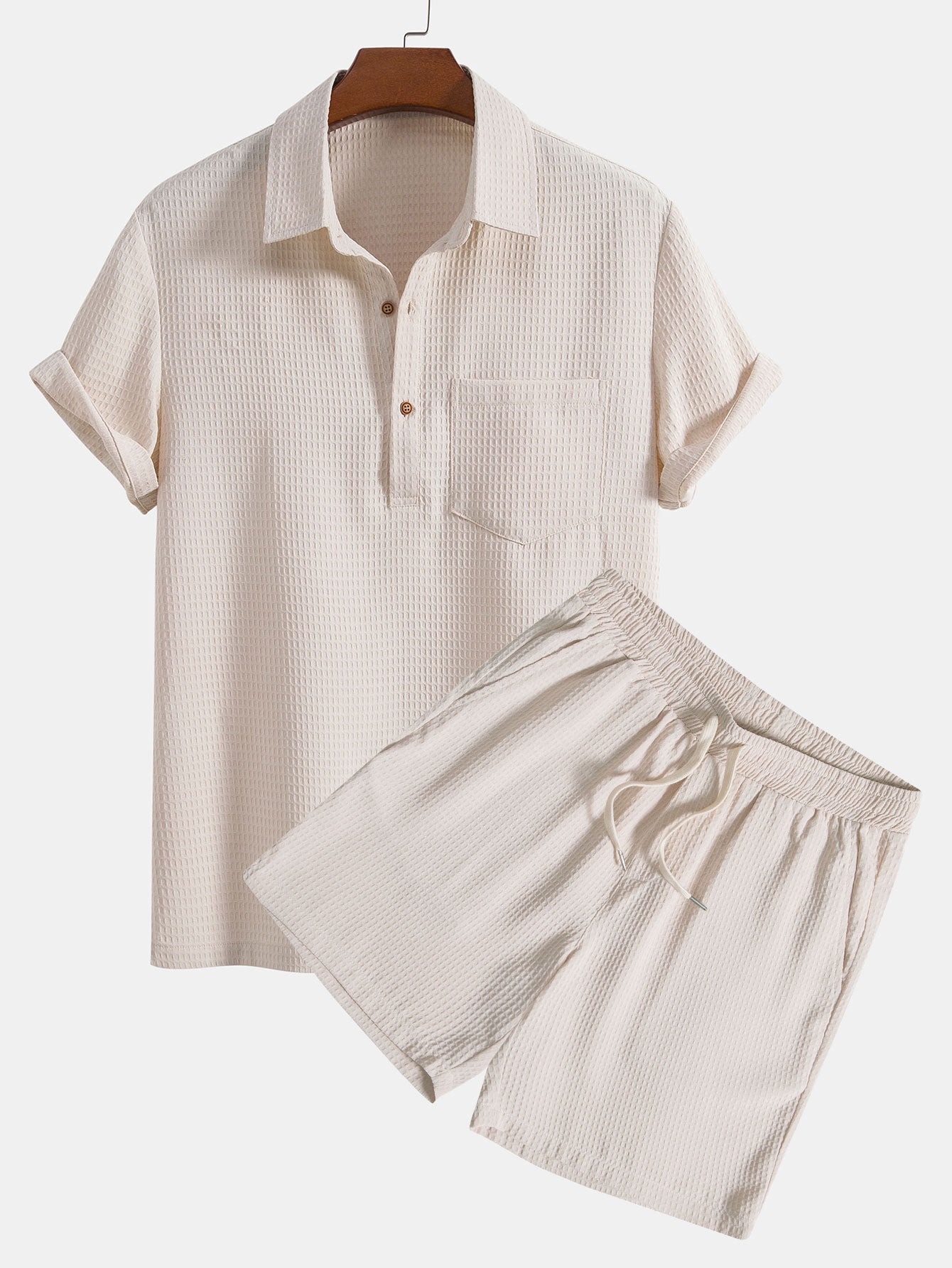 Waffle Polo Collar Shirt With Pocket & Waffle Shorts