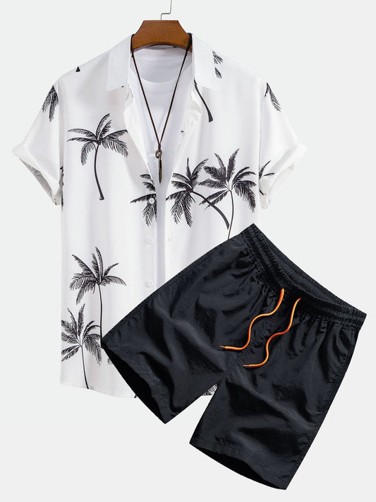 Palm Tree Print Button Up Shirt & Swim Shorts