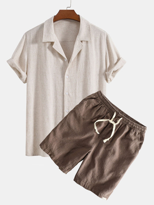 Linen Rayon Blend Cuban Shirt & Linen Cotton Blend Drawstring Shorts