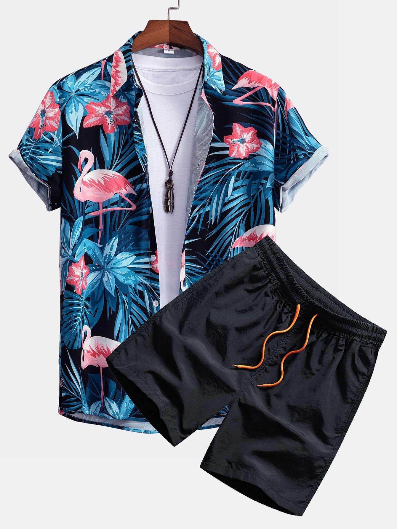 Flamingo Tropical Print Button Up Shirt & Swim Shorts