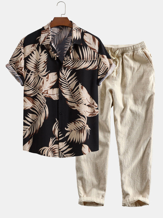 Tropical Print Shirt & Linen Cotton Blend Cropped Pants