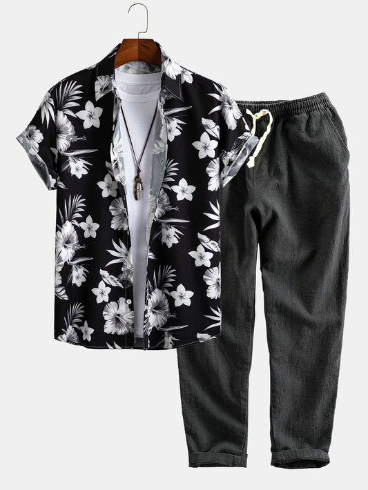 Tropical Floral Print Button Up Shirt & Linen Cotton Blend Cropped Pants