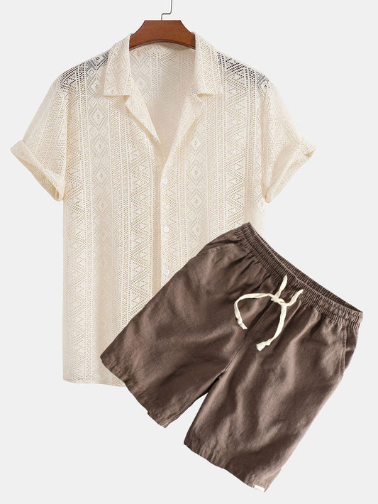 Short Sleeve Geometry Textured Cuban Shirt & Linen Cotton Blend Shorts