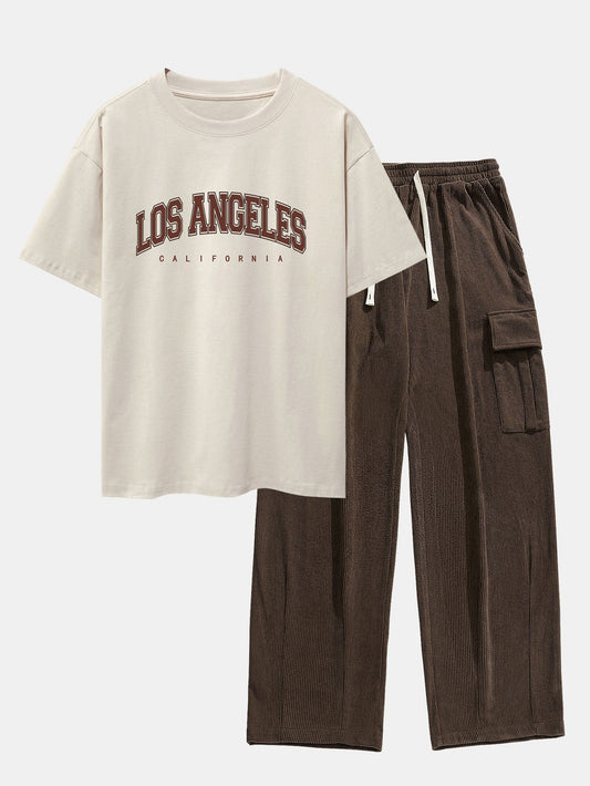 Los Angeles Print Heavy Weight Oversize T-Shirt & Loose Fit Corduroy Cargo Pants