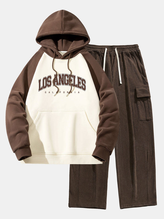 Los Angeles Print Pactchwork Raglan Hoodie & Loose Fit Corduroy Cargo Pants