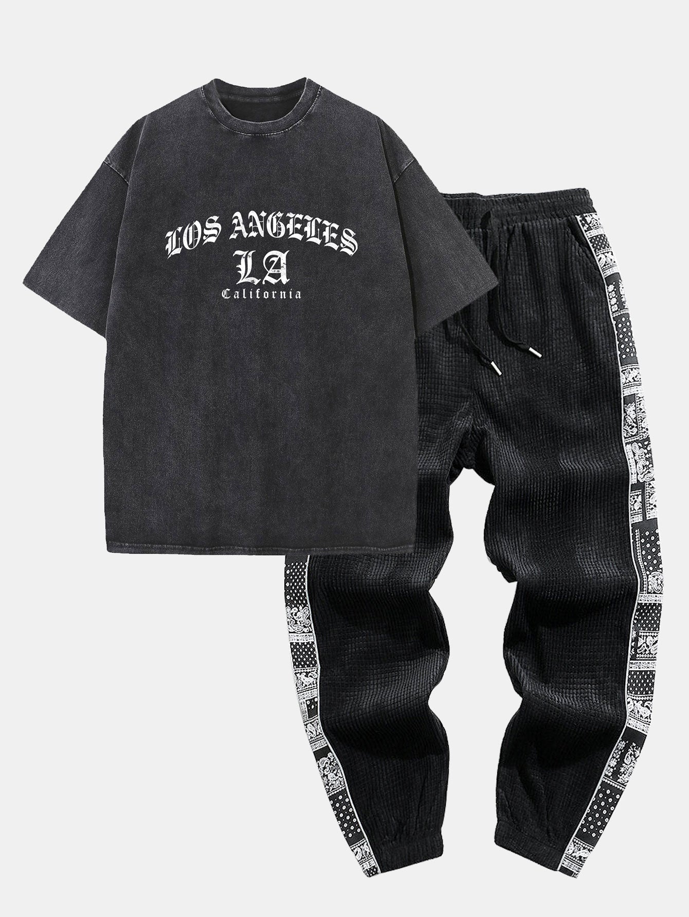 Gothic Los Angeles Print Washed Distressed Drop Shoulder T-Shirt & Corduroy Paisley Print Panel Pants