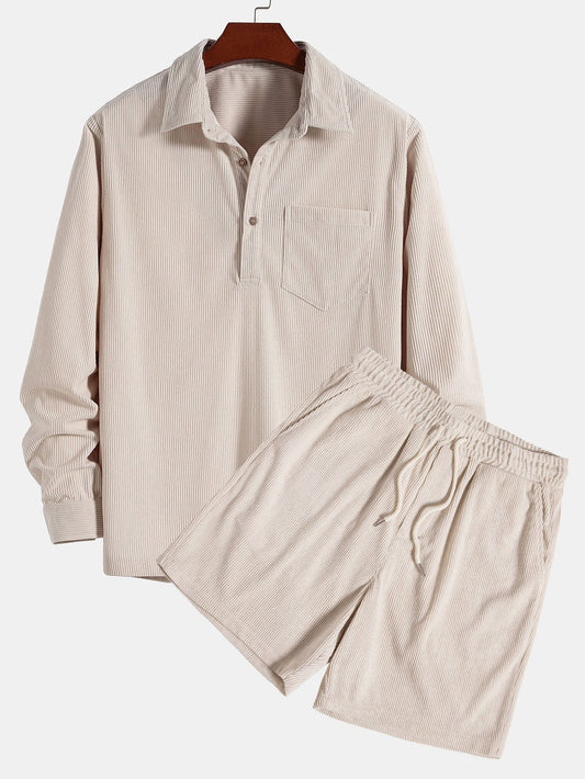 Long Sleeve Polo Neck Corduroy Shirt & Shorts