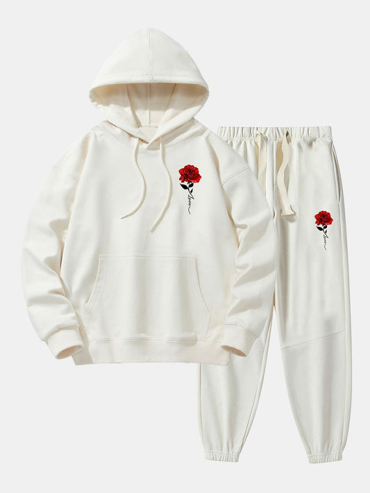 Rose Print Cotton Blend Hoodie & Jogger Pants