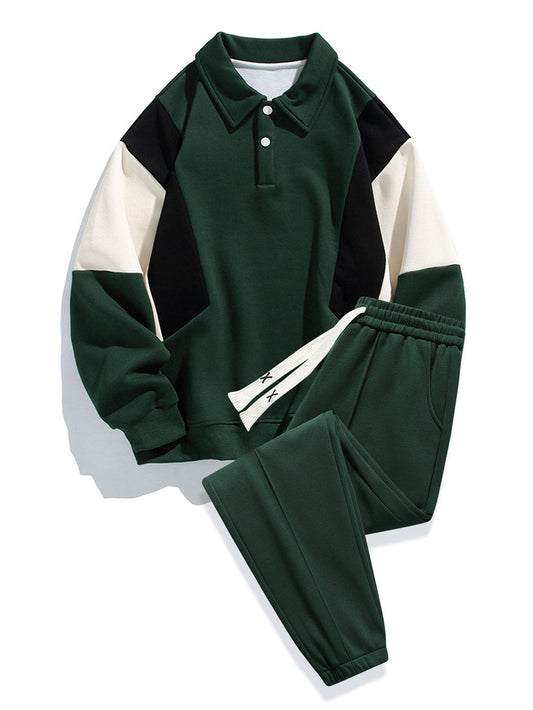 Relax Fit Color Block Polo Sweatshirt & Jogger Pants With Pintuck