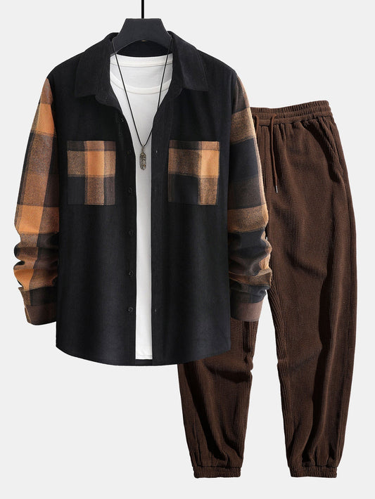 Plaid Corduroy Panel Shirt & Corduroy Jogger Pants