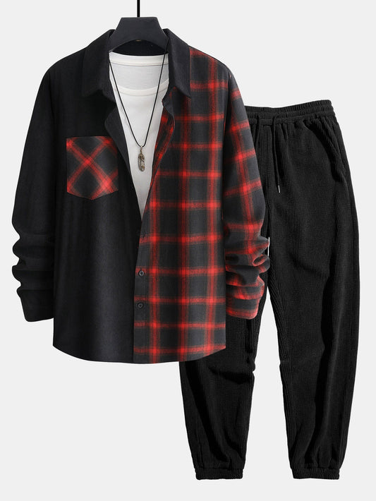 Long Sleeve Corduroy Plaid Panel Shirt & Corduroy Jogger Pants