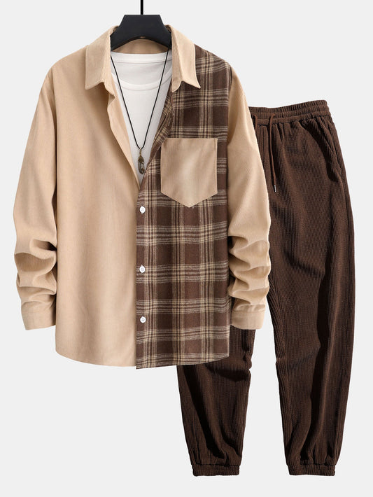 Plaid Corduroy Patchwork Button Up Shirt & Corduroy Jogger Pants