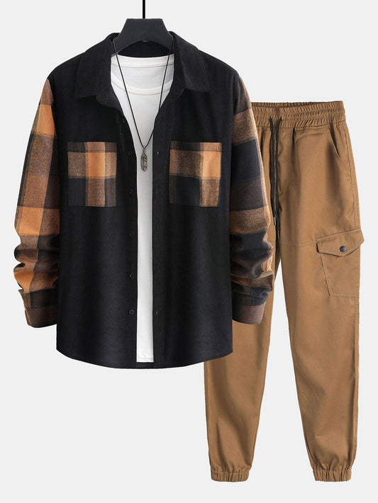 Plaid Corduroy Panel Shirt & Chino Cargo Jogger Pants