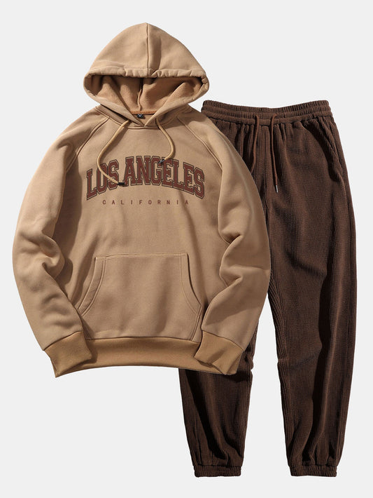 Los Angeles Letter Print Kangaroo Pocket Hoodie & Corduroy Jogger Pants