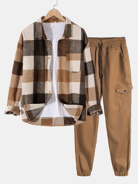 Flannel Plaid Overshirt & Chino Cargo Jogger Pants