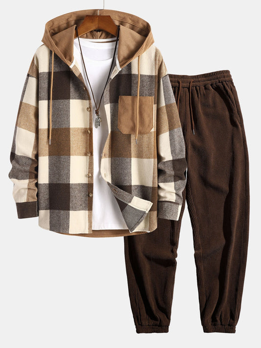 Relax Fit Flannel Plaid Corduroy Patchwork Hooded Shirt & Corduroy Jogger Pants