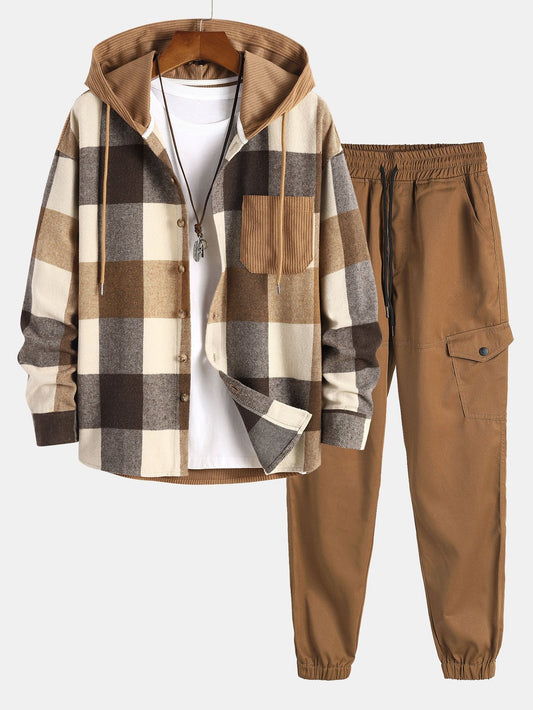 Relax Fit Flannel Plaid Corduroy Patchwork Hooded Shirt & Chino Cargo Jogger Pants