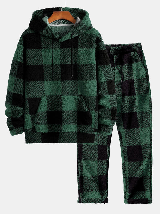 Plaid Pattern Teddy Hoodie  & Straight Leg Plaid Pattern Teddy Pants