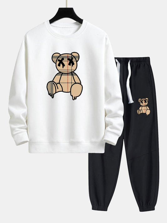 Plaid Pattern Dissolving Bear Print Relax Fit Sweatshirt & Jogger Pants