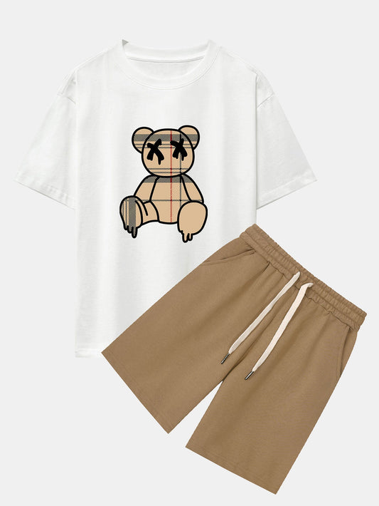 Plaid Pattern Dissolving Bear Print Oversize T-Shirt & Shorts