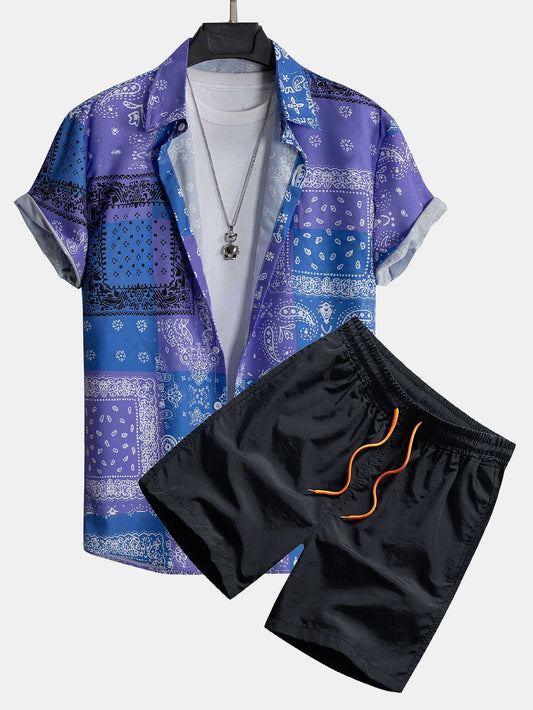 Paisley Bandana Print Button Up Shirt #Random Pattern Design# & Swim Shorts