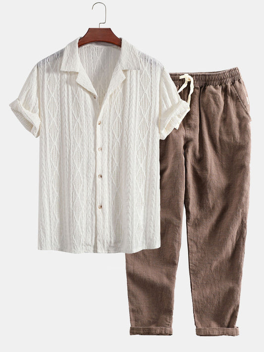 Geometric Jacquard Cuban Shirt & Linen Cotton Blend Cropped Pants