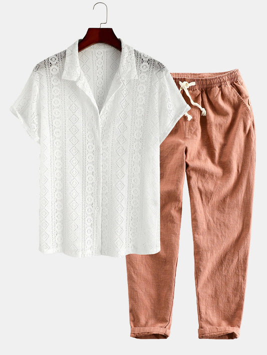 Geometry Textured Cuban Shirt & Linen Cotton Blend Cropped Pants