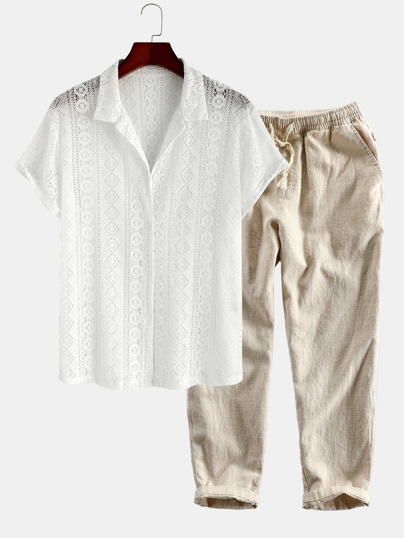 Geometry Textured Cuban Shirt & Linen Cotton Blend Cropped Pants