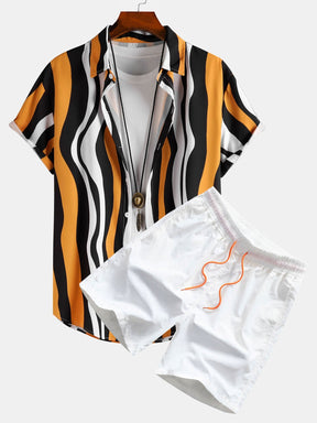 Wavy Print Button Up Shirt & Swim Shorts