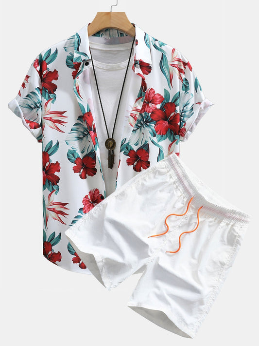 Tropical Floral Print Button Up Shirt & Swim Shorts